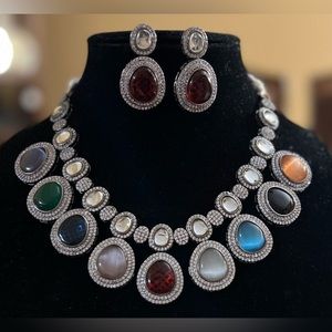 Multi Semi Precious Stones and American Diamond Necklace set